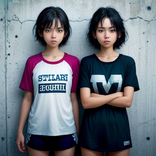 two young girls standing next to each other in front of a wall with their arms crossed and their arms crossed