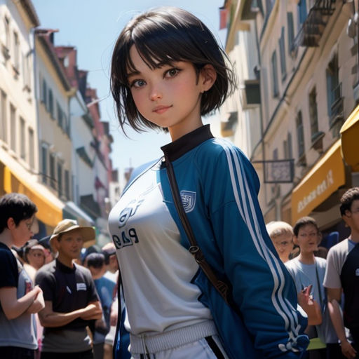 a woman in a blue and white outfit standing in a crowded street with people in the background and a man in a baseball cap