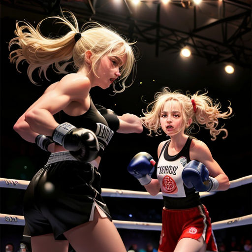 two women in a boxing ring with one of them punching the other with her boxing gloves on and the other wearing a black top