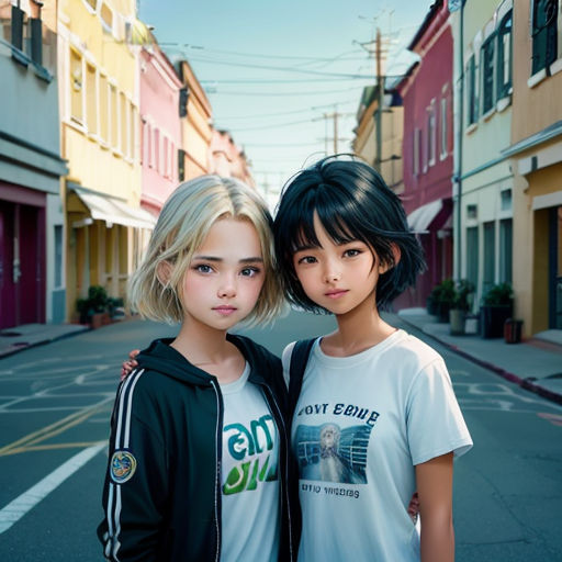 two young girls standing next to each other on a street corner in front of buildings and a street sign