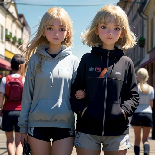 two young women standing next to each other on a street corner with people walking by them and a building in the background