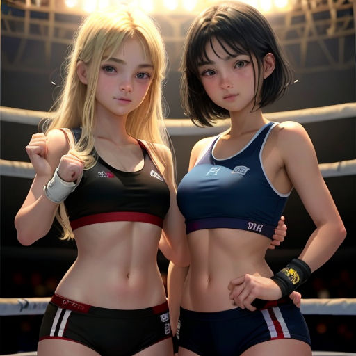 two women in sports wear posing for a picture in a boxing ring with a light shining on the background