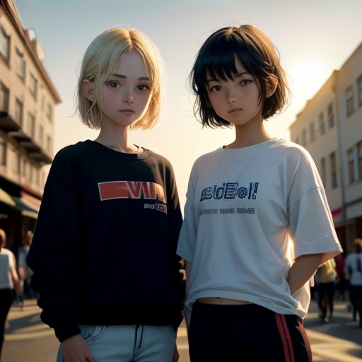 two young women standing next to each other on a street corner in front of a building with a sunset