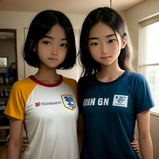 two asian girls standing next to each other in a room with a window and a table with a laptop
