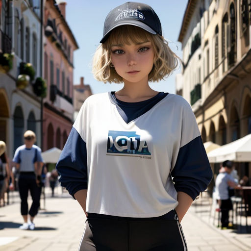 a woman standing on a street with a hat on her head and a shirt on her shoulders with the word ao on it