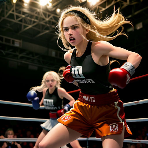 a woman boxing in a boxing ring with a referee watching her from the sidelines and a girl in a black shirt and orange shorts