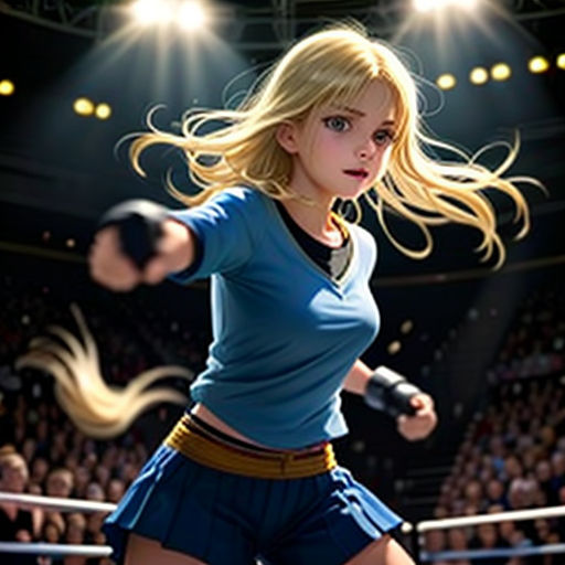 a woman in a blue shirt and shorts in a boxing ring with a referee in the background and a crowd of people