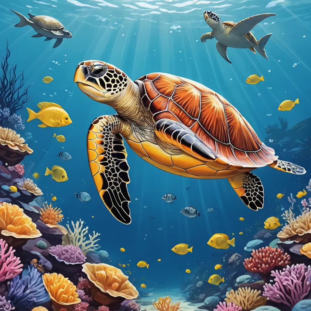 a painting of a turtle swimming in the ocean with other sea animals nearby on a blue ocean surface with corals and other fish, computer art, an airbrush painting, Dan Mumford, highly detailed digital painting