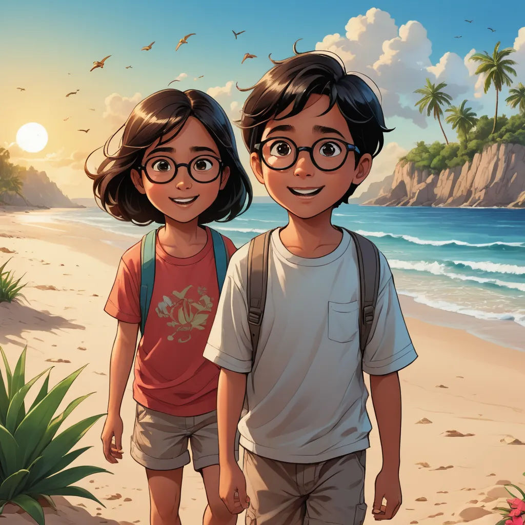 a couple of kids standing on top of a beach next to the ocean with a bird flying over them, samikshavad, a storybook illustration, Brothers Hildebrandt, rossdraws global illumination