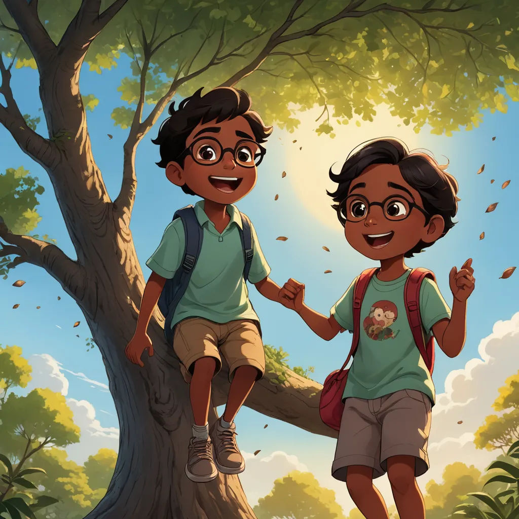 two children standing on a tree branch in the woods, one holding the hand of the other's hand, samikshavad, a storybook illustration, Brothers Hildebrandt, comic cover art