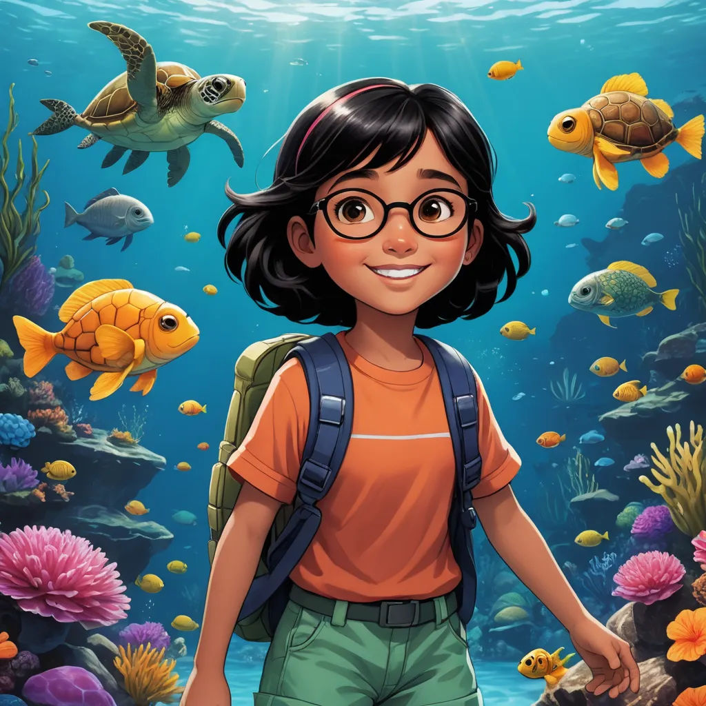 a young girl is standing in front of a sea turtle and coral reef with a backpack on her back, magical realism, a storybook illustration, Cliff Childs, comic cover art