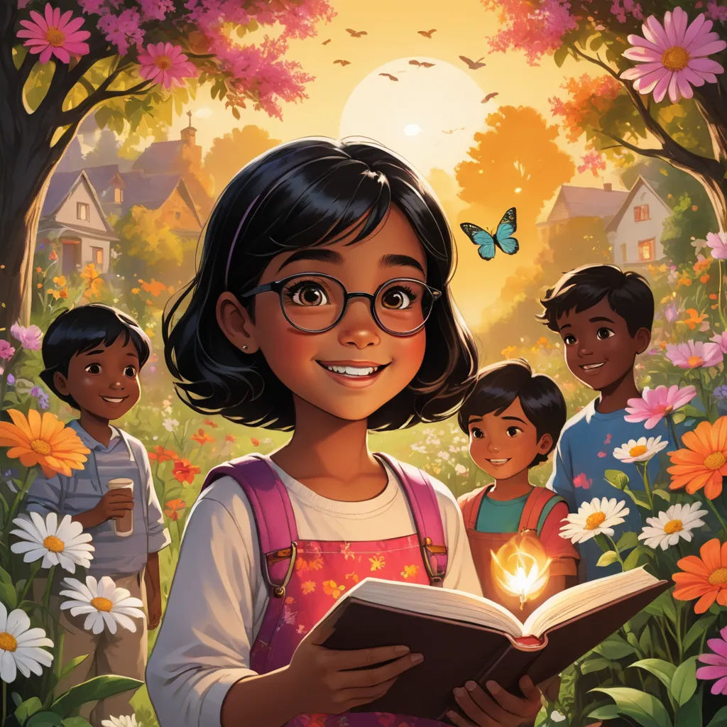 a girl reading a book in a field of flowers with a butterfly flying over her head and a group of children standing around her, magical realism, a storybook illustration, Ella Guru, comic cover art
