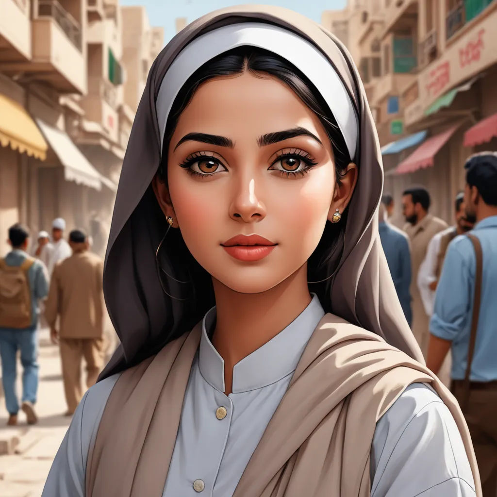 a woman in a nun outfit standing in a crowded street with people walking around her and a man in a blue shirt, fantasy art, a detailed painting, Amir Zand, ultra realistic digital art