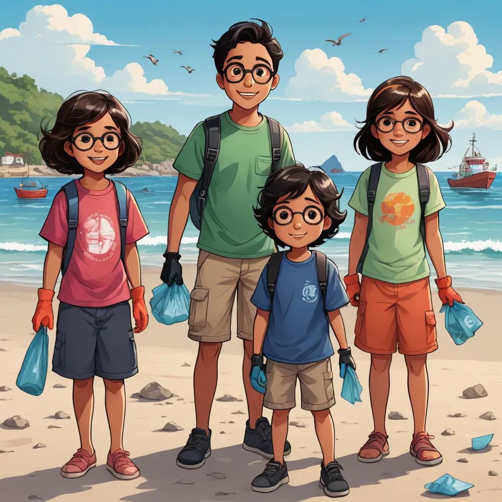 a family of three standing on a beach with a boat in the background and a boat in the water, environmental art, a storybook illustration, Diego Gisbert Llorens, comic cover art