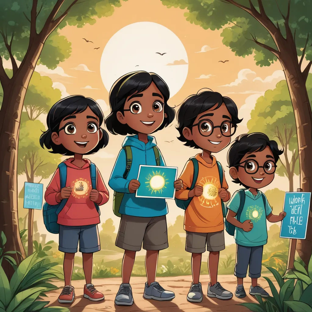 a group of children holding up a laptop computer in a forest with a sun in the background and a sign that says, light up, samikshavad, a storybook illustration, Ella Guru, comic cover art