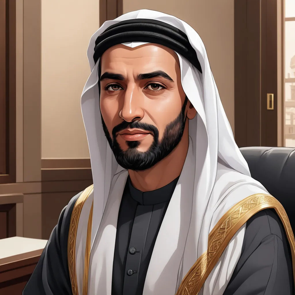 a man in a black and white outfit sitting in a chair with a gold trim around his neck and a beard, hurufiyya, a character portrait, Ahmed Karahisari, character portrait