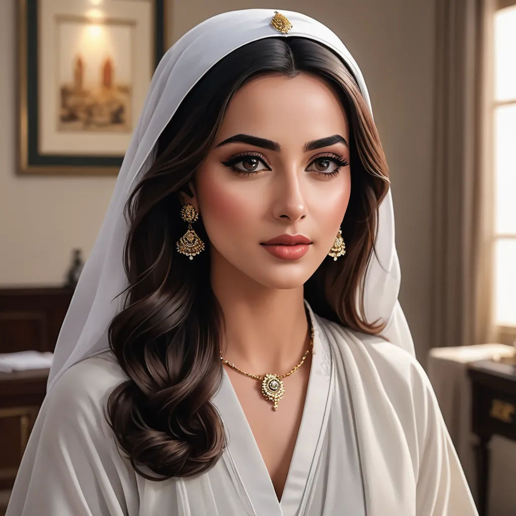 a woman in a white dress and veil with a gold necklace and earrings on her head and a white veil on her head, hyperrealism, a photorealistic painting, Altoon Sultan, highly detailed digital painting