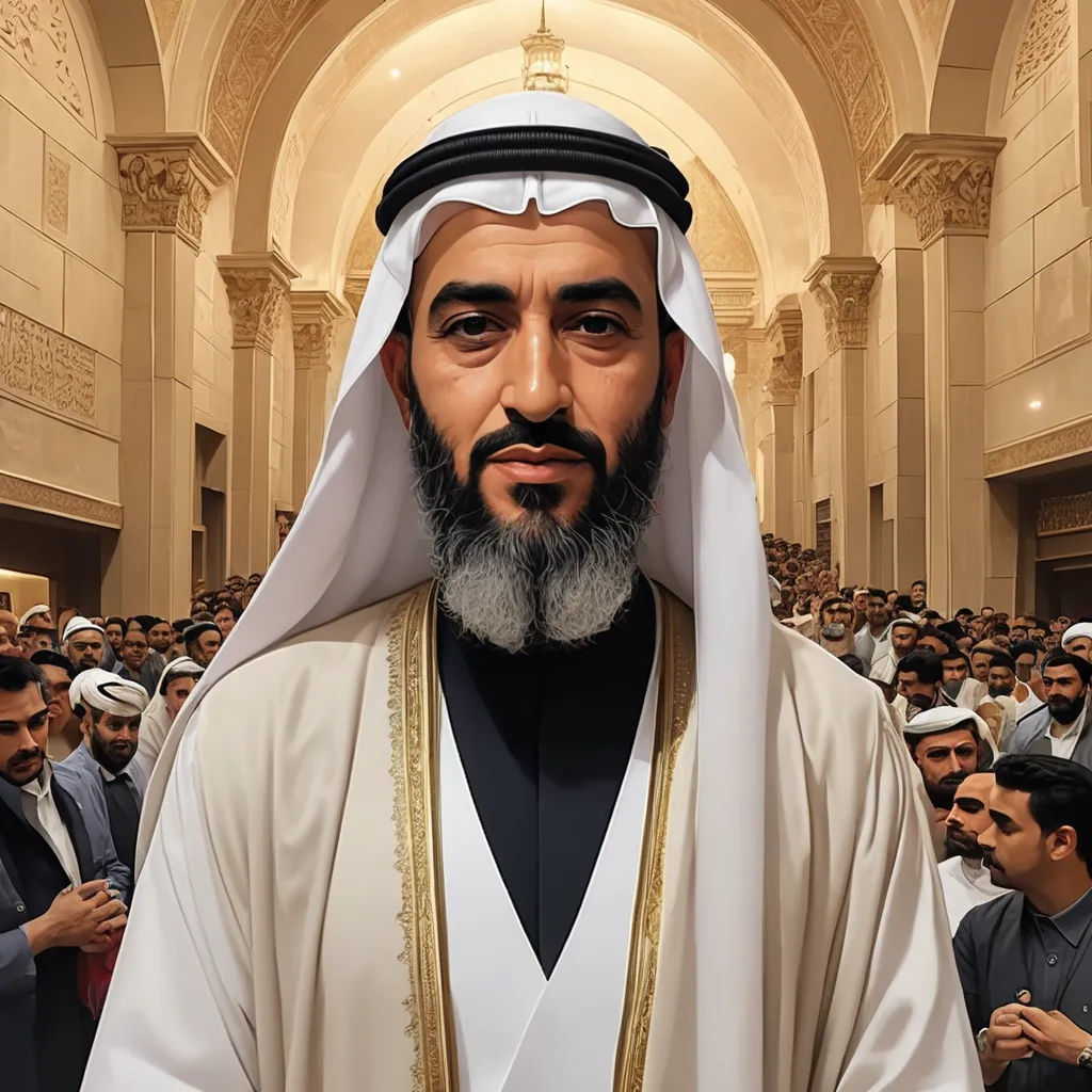 a man in a white robe and a beard standing in a room full of people with a large crowd, hyperrealism, a hyperrealistic painting, Ahmed Karahisari, ultra realistic illustration
