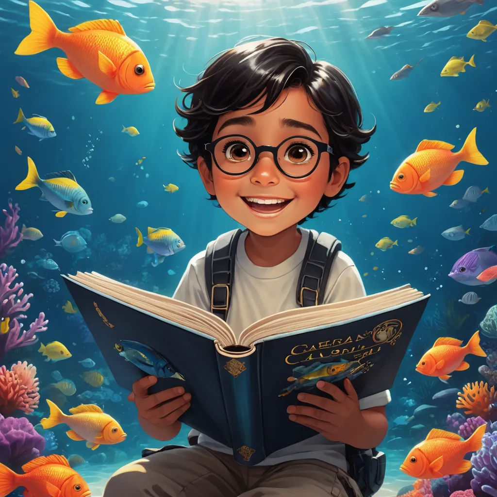 a boy is reading a book in the ocean with fish around him and a light shining on him from the book, fantasy art, a storybook illustration, Cliff Childs, rossdraws global illumination