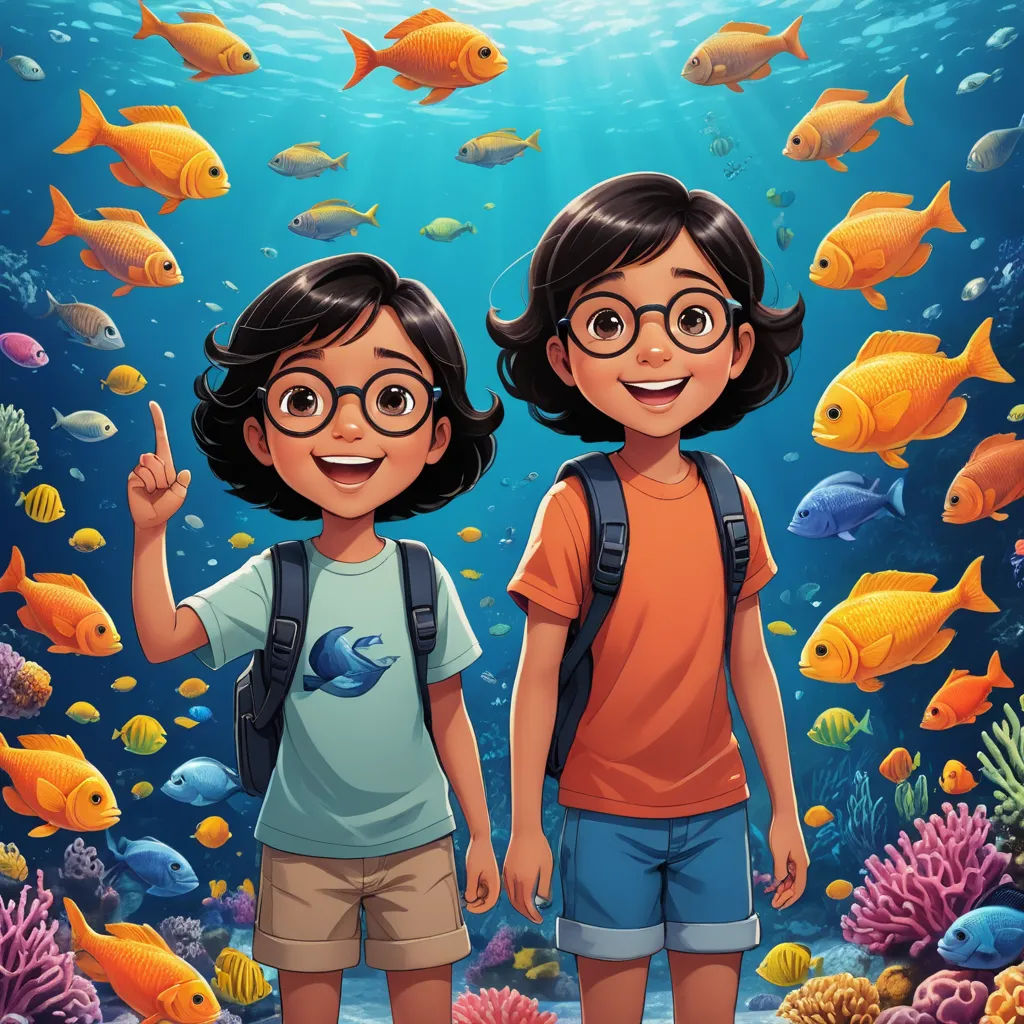 two children standing in front of a large aquarium with fish and corals on the bottom of the water, lyco art, a storybook illustration, Diego Gisbert Llorens, comic cover art