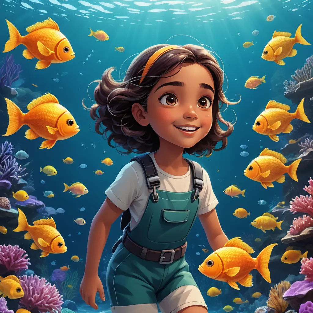 a girl in overalls standing in front of a fish tank with yellow fish in it's water, magical realism, a storybook illustration, Cliff Childs, promotional image