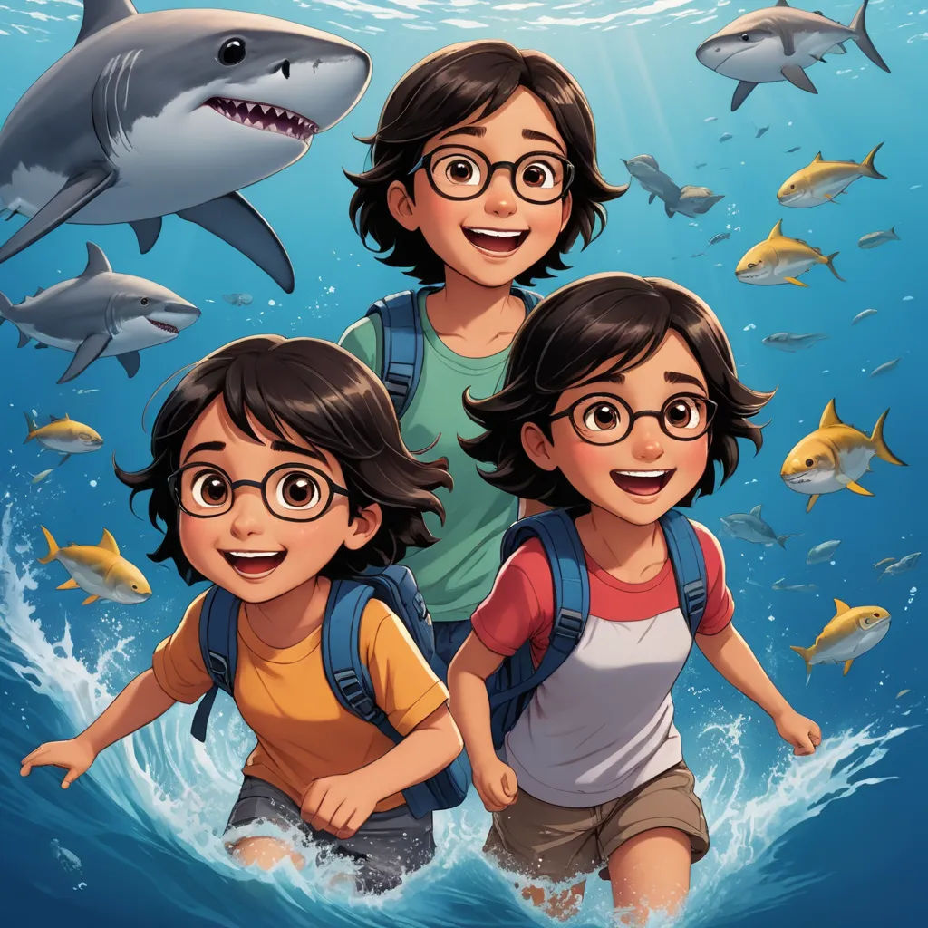 a group of children standing in the ocean with sharks and sharks around them, with a shark in the background, serial art, a storybook illustration, Diego Gisbert Llorens, comic cover art