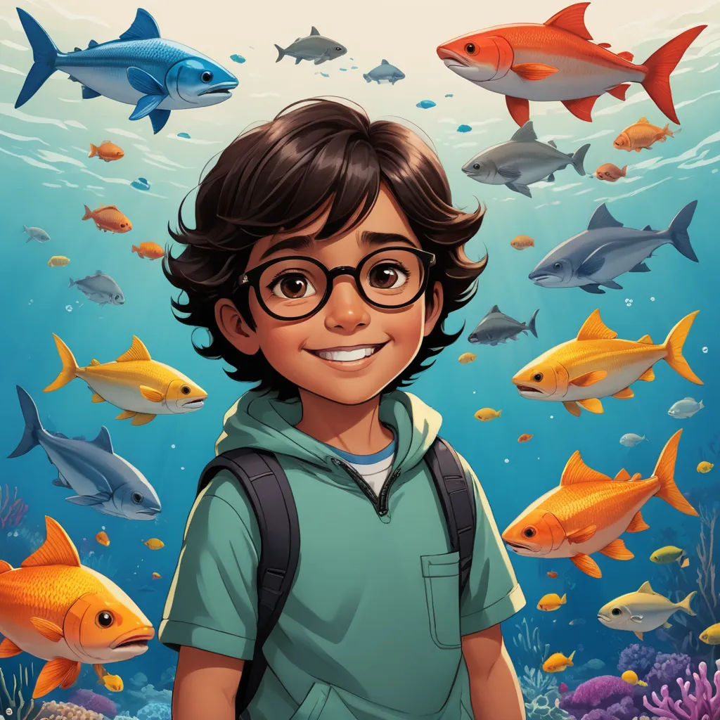 a boy with glasses standing in front of a school of fish under water with a school of fish in the background, fantasy art, a storybook illustration, Diego Gisbert Llorens, comic cover art