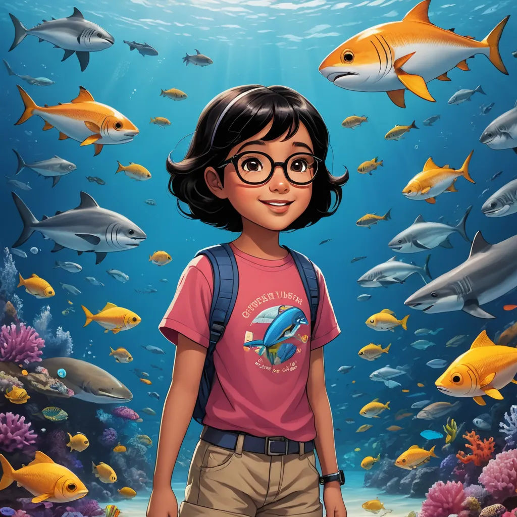 a young girl standing in front of a school of fish under water with a school of fish in the background, photorealism, poster art, Cliff Childs, comic cover art