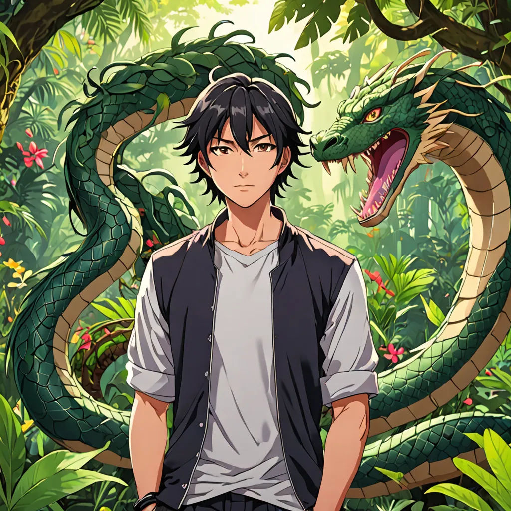 a man standing in front of a green snake in the jungle with a white shirt on and a black vest on, aestheticism, a character portrait, Awataguchi Takamitsu, official art