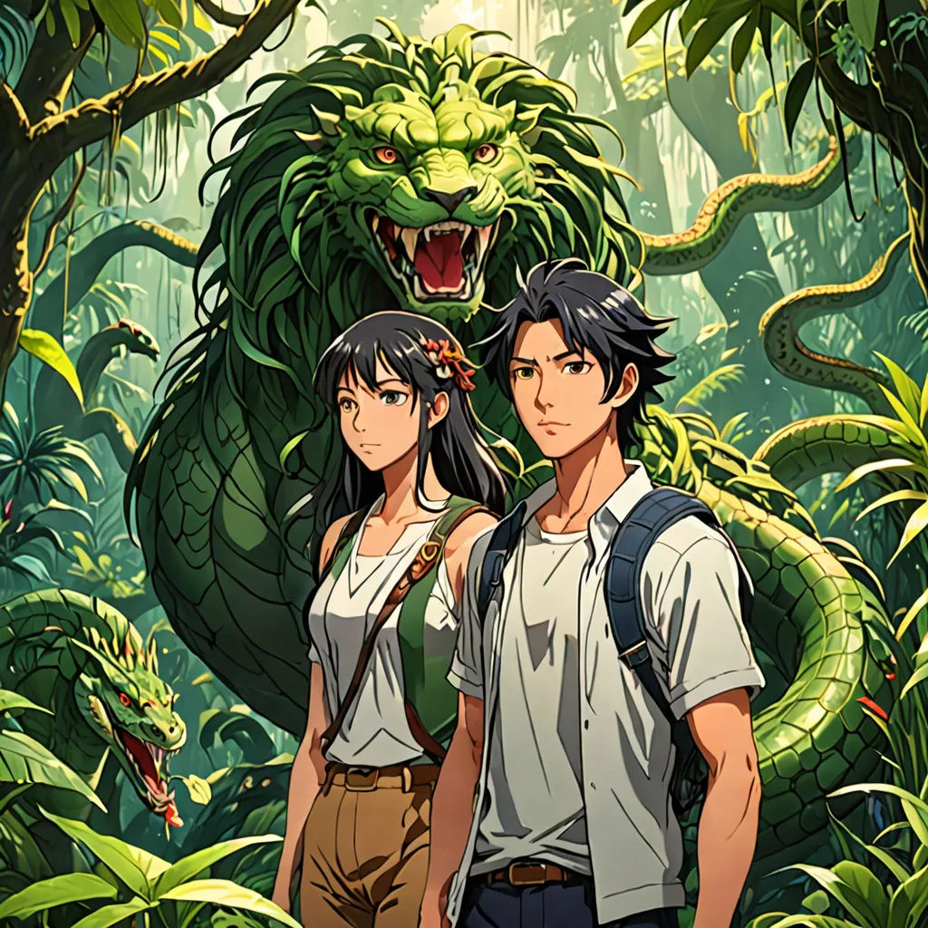 a couple of people standing in front of a green dragon in a jungle with a woman holding a camera, serial art, poster art, Cedric Seaut (Keos Masons), official art