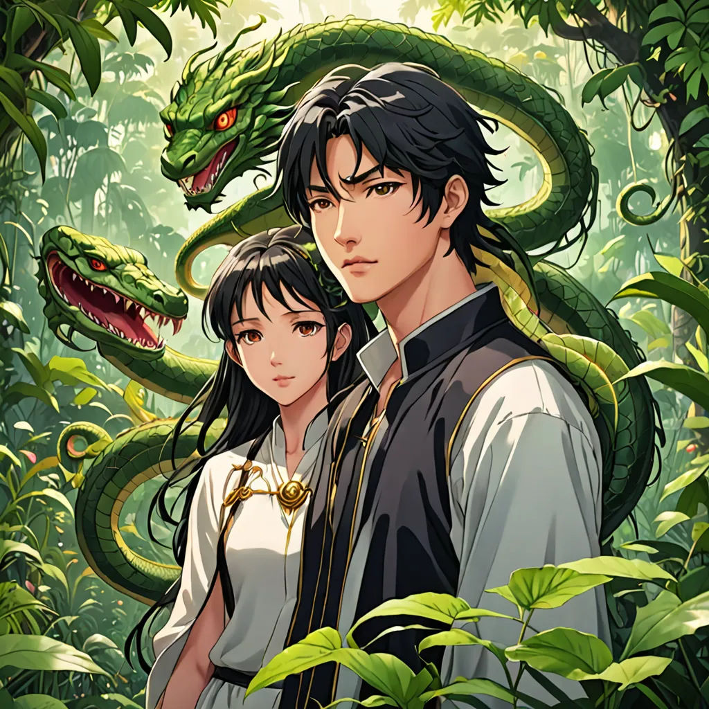 a couple standing in front of a green snake in the jungle with a woman holding a man's shoulder, sots art, a character portrait, Du Jin, official art