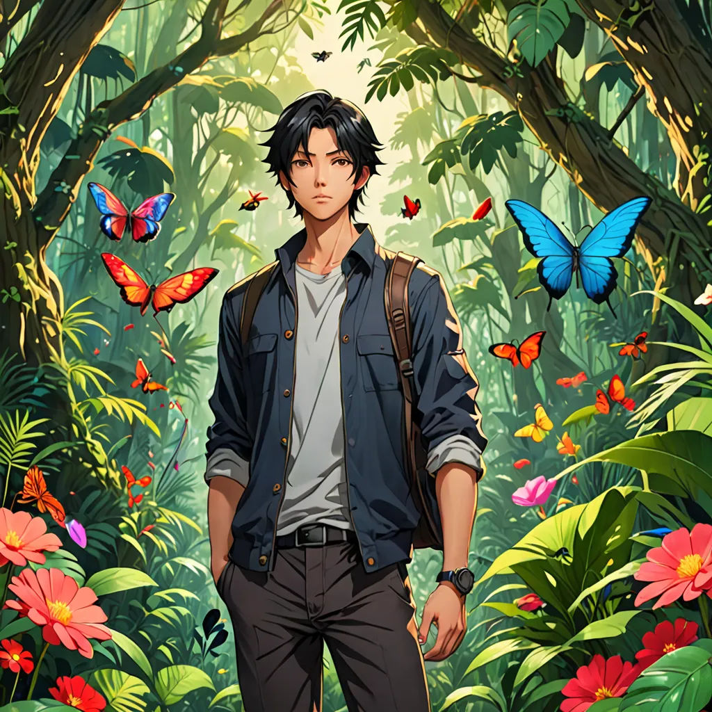 a man standing in a forest with butterflies flying around him and a butterfly flying above him, and a butterfly flying above him, naturalism, a character portrait, Cedric Seaut (Keos Masons), official art