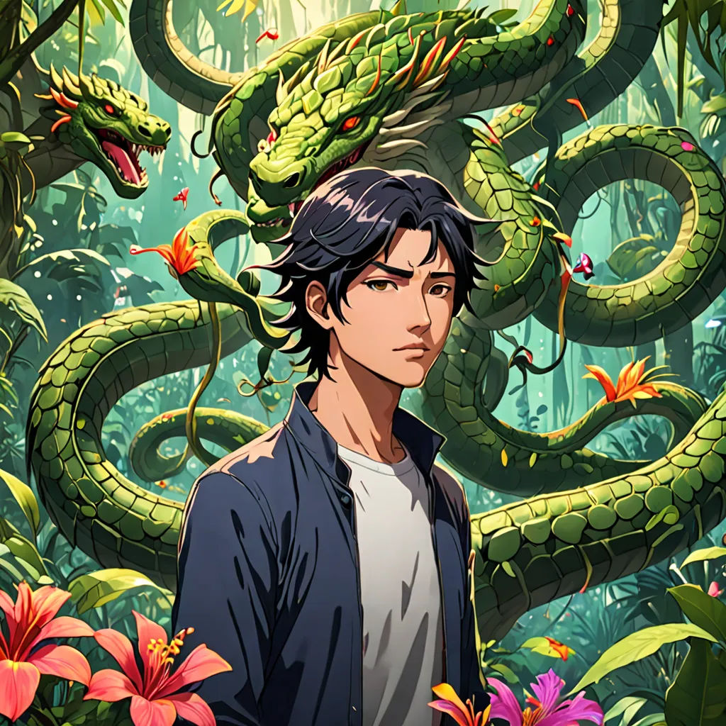 a man standing in front of a green snake on a jungle background with flowers and leaves around him,, sots art, a character portrait, Cedric Seaut (Keos Masons), official art