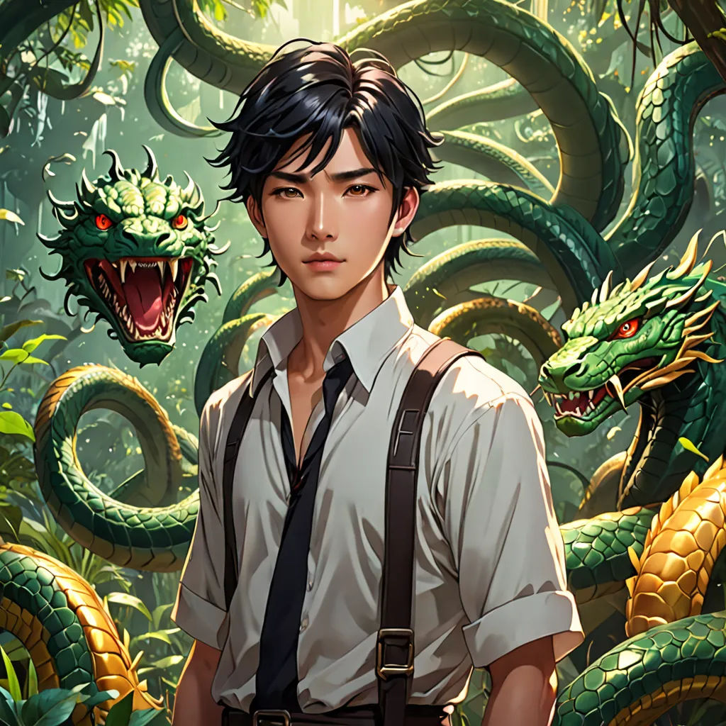 a man standing in front of a painting of a snake and a man with a tie on his neck, fantasy art, a character portrait, Du Jin, stanley artgerm lau