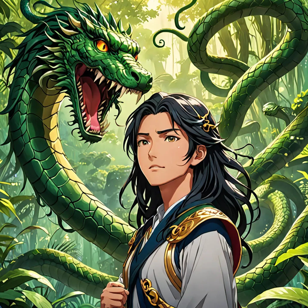 a woman in a white dress standing next to a green dragon in a forest with trees and bushes behind her, sots art, a character portrait, Dai Jin, official art
