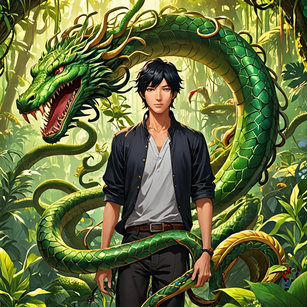 a man standing in front of a green snake in a jungle with a black shirt and white shirt on, fantasy art, a character portrait, Cedric Seaut (Keos Masons), official art