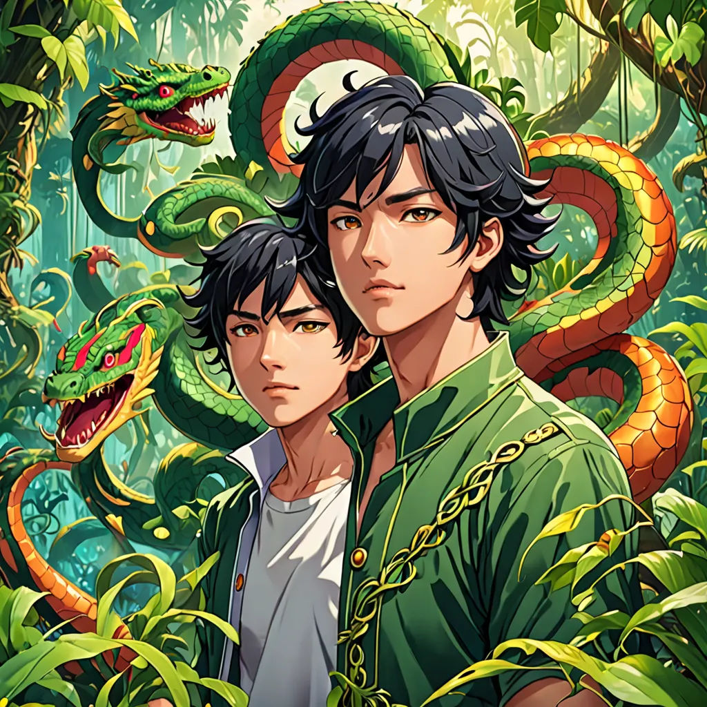 two people standing in front of a green dragon and a snake in the jungle with trees and plants around them, lyco art, an album cover, Du Jin, official art
