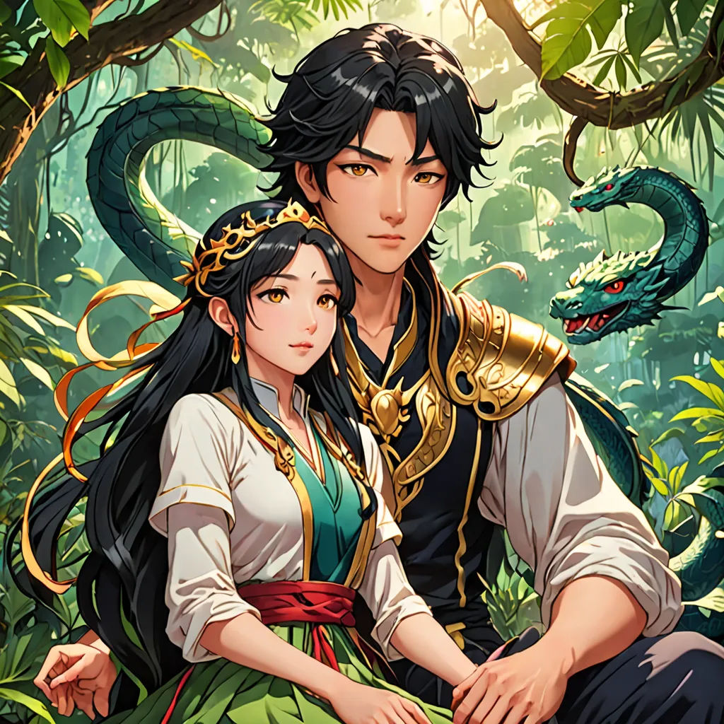 a man and woman sitting next to each other in the forest with a snake on their shoulder and a snake on their shoulder, fantasy art, a storybook illustration, Du Jin, official art