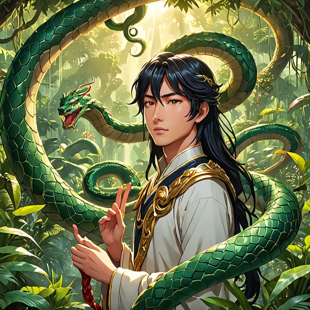 a man in a white shirt holding a green snake in a jungle with trees and bushes around him and a snake on his shoulder, fantasy art, a character portrait, Chen Hong, official art