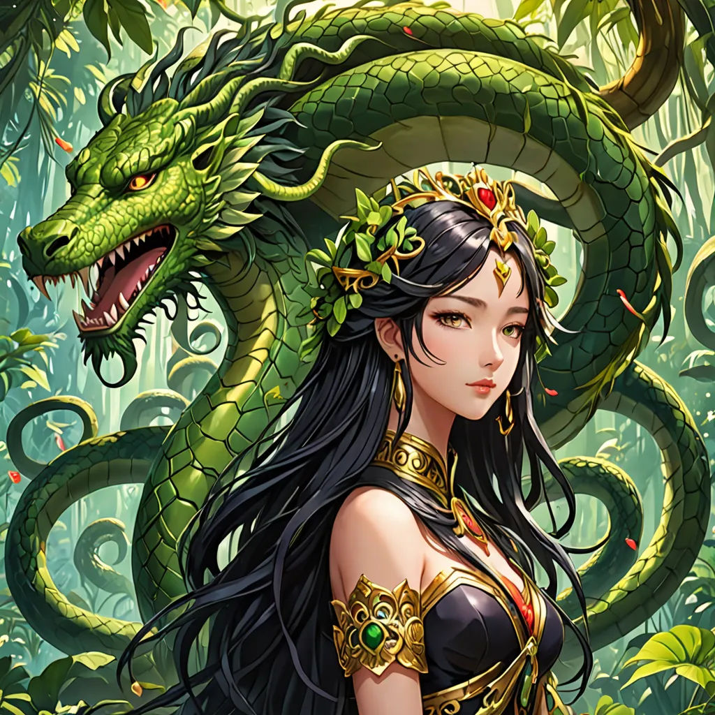 a woman with a dragon on her shoulder and a snake on her shoulder, in front of a jungle background, fantasy art, a detailed painting, Anne Stokes, dragon art