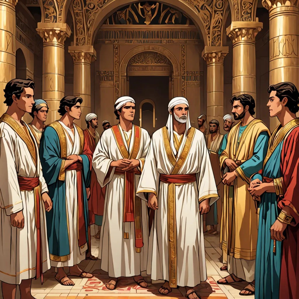 a painting of a group of men standing in a church together with a priest in the background and a third man in the foreground, incoherents, a comic book panel, Brothers Hildebrandt, official art