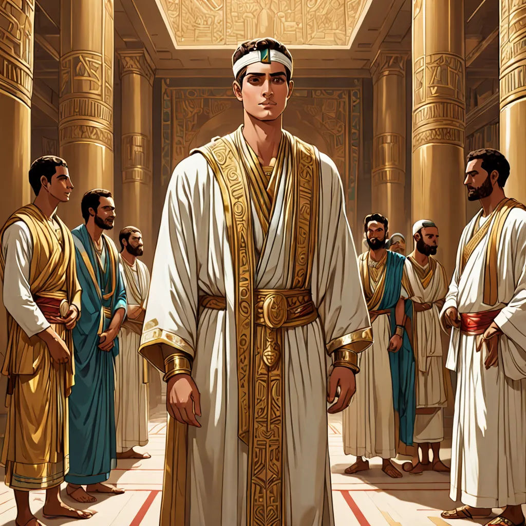 a painting of a man in a white and gold outfit standing in a room with other men in gold and blue robes, classical realism, egyptian art, Brothers Hildebrandt, official art