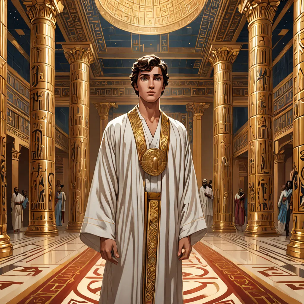a man in a white robe standing in a room with columns and a ceiling with gold decorations on it, fantasy art, a character portrait, Christophe Vacher, mars ravelo and greg rutkowski