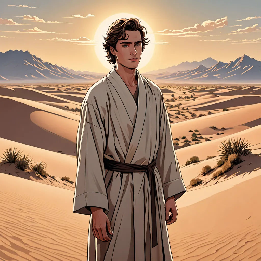 a man in a robe standing in the desert with a desert landscape in the background and a sun setting, serial art, a comic book panel, Drew Struzan, official art