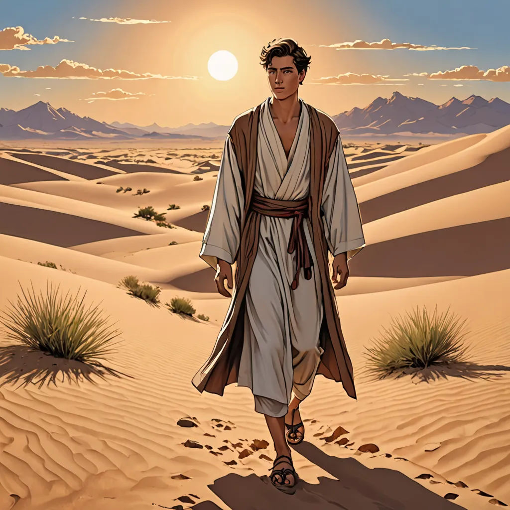 a man in a robe walking across a desert field with a sunset in the background and a desert landscape, serial art, a comic book panel, Drew Struzan, graphic novel