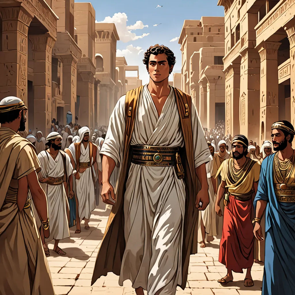 a painting of a man in a roman costume walking through a street with other men in ancient costumes around him, dau-al-set, egyptian art, Asaf Hanuka, graphic novel