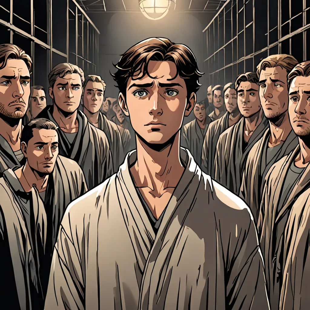 a man in a prison surrounded by prison guards and prison cell doors, with a light above him and a prison cell in the background, institutional critique, a comic book panel, Asaf Hanuka, graphic novel