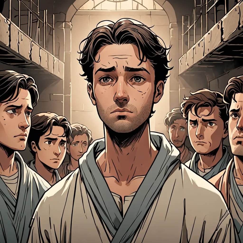 a man in a prison surrounded by other men in robes and robes, with a prison in the background, institutional critique, a comic book panel, Brothers Hildebrandt, graphic novel