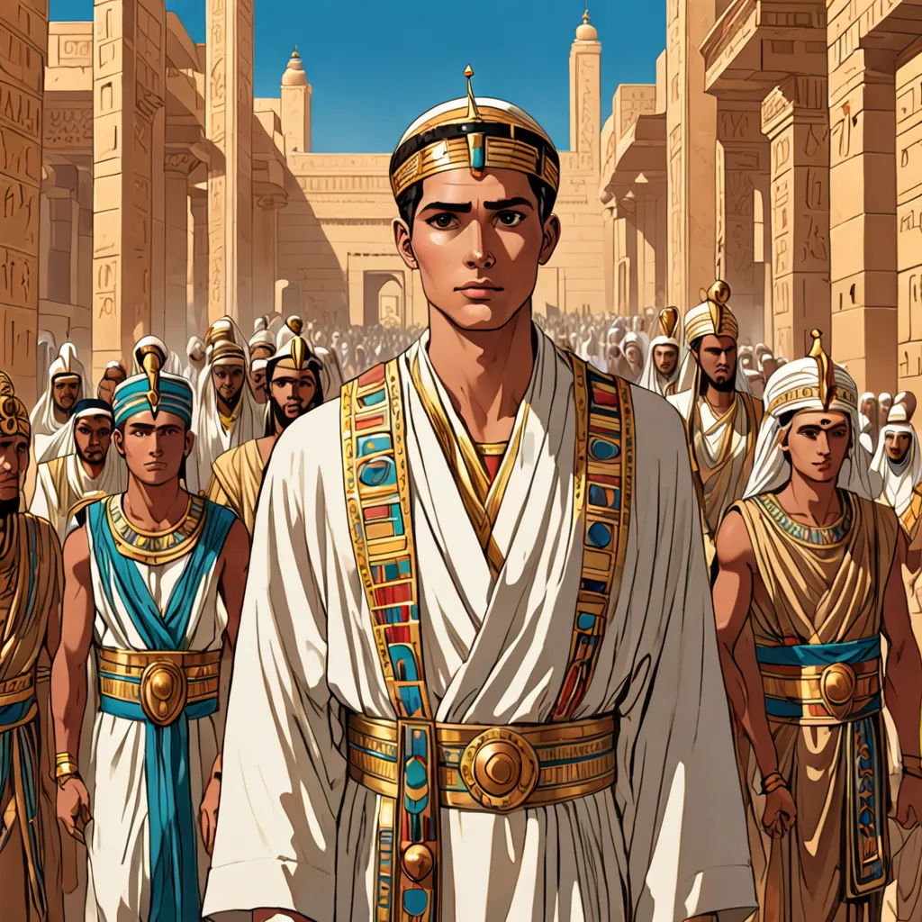 a painting of a man in a costume surrounded by other men in ancient egypt, with a sky background, les nabis, egyptian art, Asaf Hanuka, graphic novel