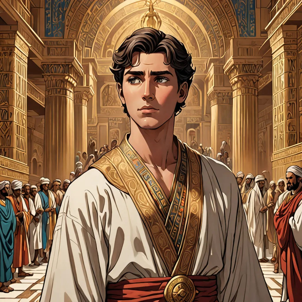 a man in a roman costume standing in front of a crowd of people in a temple with a golden crown, fantasy art, a comic book panel, Drew Struzan, graphic novel